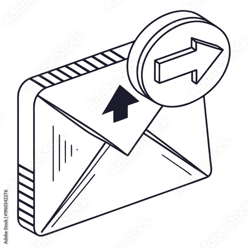Isometric mail envelope with forwarding arrow icon for digital transmission and document delivery services representing electronic mail system flow