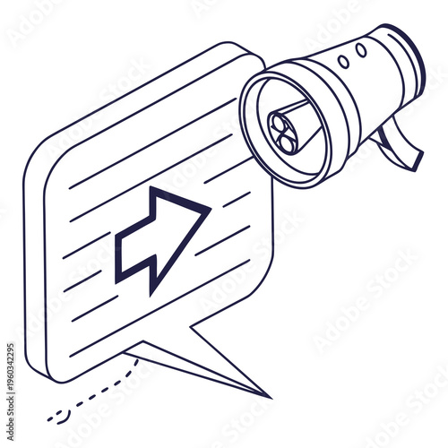 Isometric megaphone and speech bubble icon for digital marketing news and loud communication announcements for business websites and mobile software