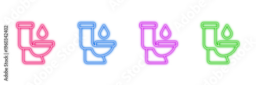 Neon glowing toilet with water drop vector icons set, bathroom, restroom, plumbing, water conservation, hygiene, vibrant colorful digital design illustration on transparent background.