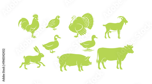 A set of farm animal icons featuring a rooster, quail, turkey, goat, duck, hare, pig, and cow, all drawn in vibrant colors against a beige background.
