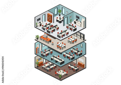 Isometric View of a Multi-Story Office Building with Cubicles and Meeting Rooms