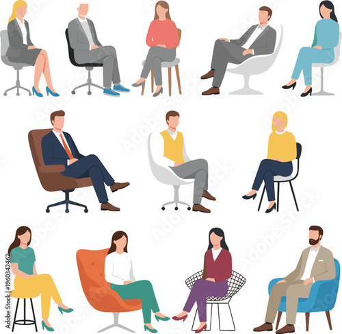 Diverse group of business professionals and creative individuals sitting in various office chairs and lounge furniture for corporate meeting coworking and modern interior design vector