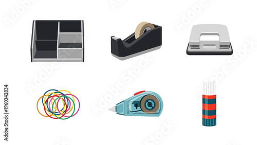 Essential Office Stationery Collection: Desk Organizer, Tape Dispenser, Hole Punch, Rubber Bands, Correction Tape, Glue Stick
