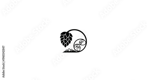 Brewery Logo with Hops, Mountains and Yin Yang Symbol