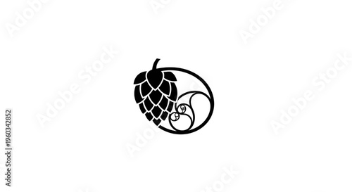Black hop cone logo silhouette on white background, brewing ingredient, organic craft beer symbol