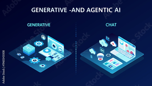 Generative and agentic ai concepts visualized with isometric graphics
