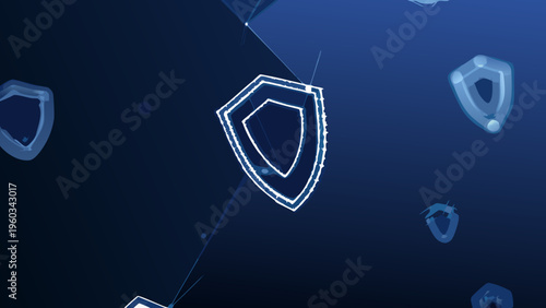 Abstract digital shields float on a dark blue background