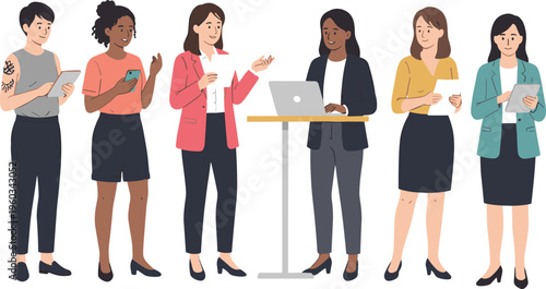 Diverse group of professional women and female entrepreneurs using laptops and tablets for modern office teamwork corporate leadership and creative startup flat vector