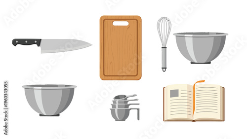 Essential Kitchen Utensils and Cookbook Collection. Flat design cooking and baking tools: knife, cutting board, bowls, whisk, measuring cups.