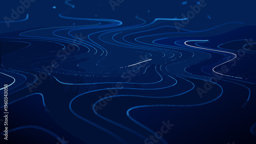 Abstract flowing lines and shapes in shades of deep blue and white