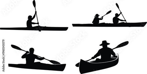 Kayaking and canoeing silhouette set showing paddling action on water with single and double riders isolated on white background, outdoor adventure and water sport concept