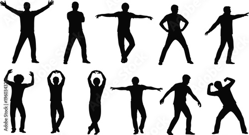 Male silhouette collection showing various standing poses, gestures and body language expressions isolated on white background, human posture set for design, animation and character reference