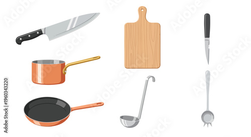 Flat lay of kitchen utensils and cookware on a white background including a knife, cutting board, saucepan, frying pan, ladle, and spatula.