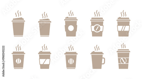 Collection of hot coffee cup icons. Isolated paper coffee cup icon against a white backdrop.