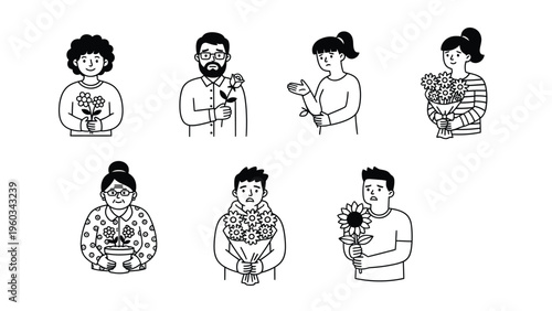 Diverse People Holding Flowers and Plants: Black & White Line Art Doodle Illustrations Set