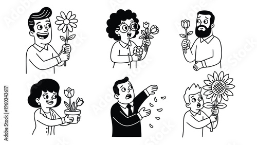Diverse Cartoon Characters with Flowers & Plants: Expressing Joy, Care, and Distress in Line Art Illustration Set