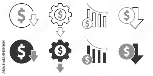 Cost Reduction Icon Set. Money Saving and Budget Cut Symbols. Dollar Sign with Downward Arrow, Financial Loss Chart, and Expense Optimization Icons. Modern Blue Vector Assets for Business and Finance.