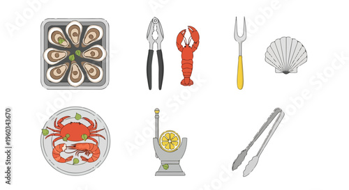 Flat lay of seafood icons including sushi, crab, lobster, shellfish tools on white background.
