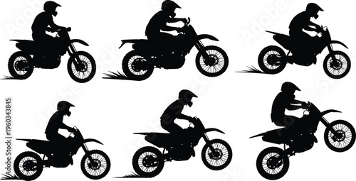 Motocross rider silhouette set showing dirt bike riding, acceleration and jump wheelie poses isolated on white background, offroad racing and extreme sport action concept