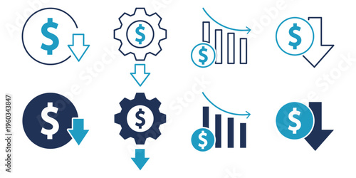 Cost Reduction Icon Set. Money Saving and Budget Cut Symbols. Dollar Sign with Downward Arrow, Financial Loss Chart, and Expense Optimization Icons. Modern Blue Vector Assets for Business and Finance.
