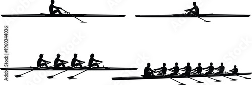 Rowing team silhouette sequence showing single scull and crew boat athletes paddling in sync on water, isolated on white background, teamwork and endurance concept