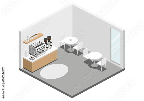Isometric view of a modern cafe interior with seating area and coffee station