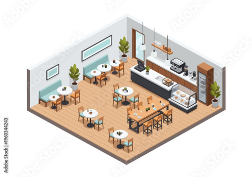 Cozy cafe interior with seating areas and a food display counter, isometric view