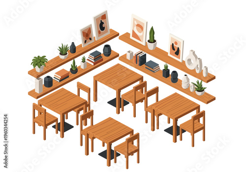Cozy Isometric Cafe Interior Design with Wooden Tables and Chairs, Shelves with Decor