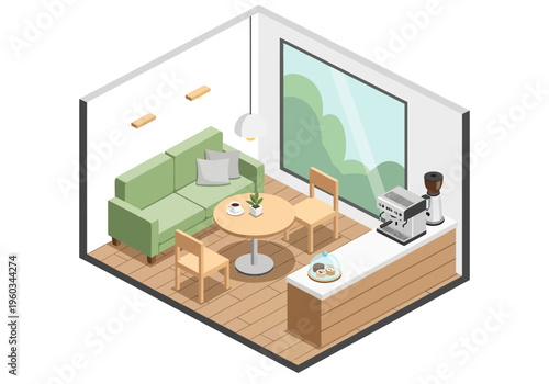 Cozy isometric living room cafe with coffee machine, couch, and table, perfect for relaxation and socializing