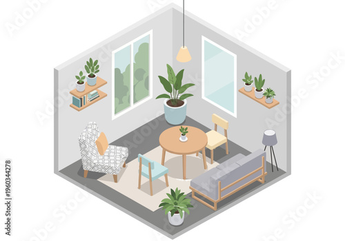 Cozy Isometric Living Room Interior Design with Furniture and Plants