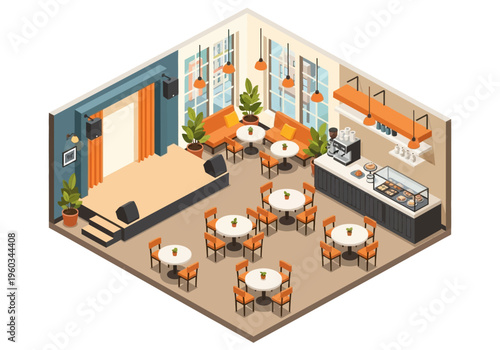 Isometric view of an empty cafe interior with a stage, seating area, and coffee bar