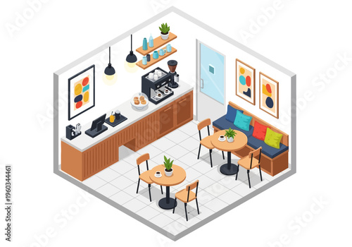 Isometric coffee shop interior with seating, counter, and coffee machine