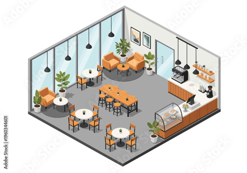 Isometric cafe interior design with seating, counter, and coffee machine