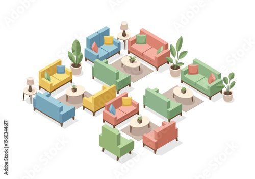 Isometric living room furniture arrangement, cozy modern sofas with plants and lamps