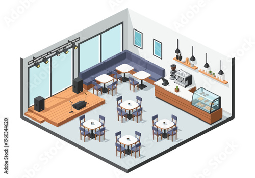Isometric view of a modern coffee shop with a stage and seating area
