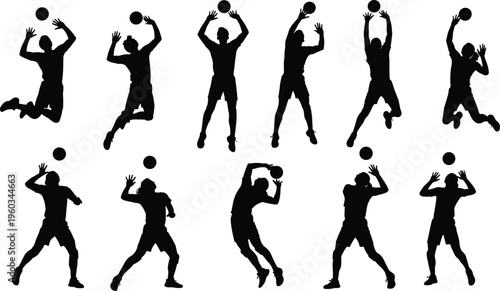 Volleyball player silhouettes set showing jumping, serving and spiking actions, athletes in motion isolated on white background, sports activity collection illustration