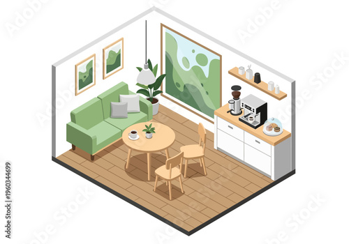 Cozy and Modern Living Room Interior Design with Coffee Station and Dining Area