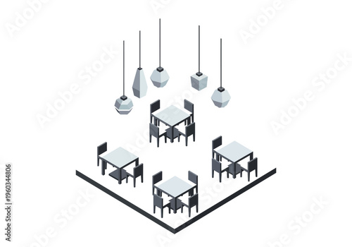 Isometric illustration of a restaurant dining area with tables, chairs, and pendant lights