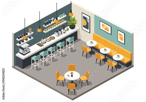 Isometric view of a modern and stylish cafe interior with seating, counter, and decor