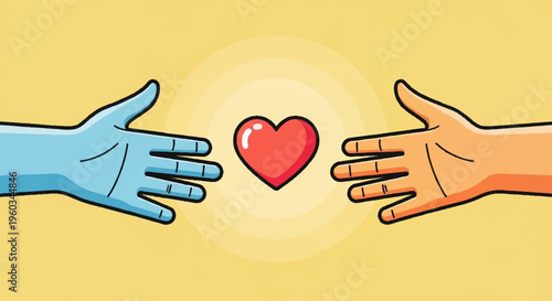 Two hands reaching for a heart symbol on a yellow background representing love and connection
