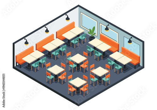 Cozy and modern restaurant interior with isometric view, featuring ample seating and warm lighting