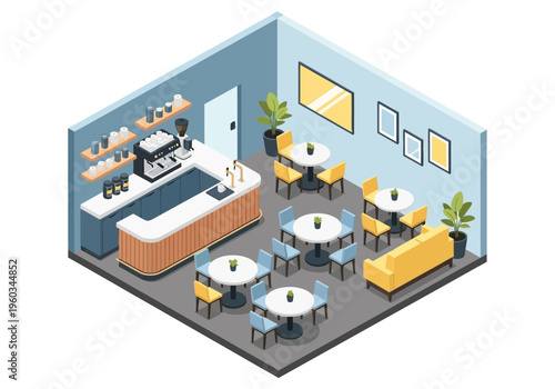 Cozy Isometric Cafe Interior with Seating, Bar, and Coffee Machine - A Relaxing Ambiance