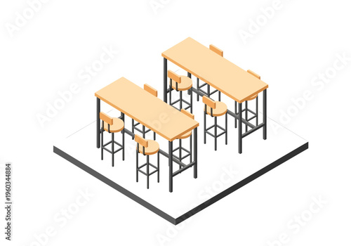 Modern minimalist bar table and stool arrangement in isometric view, perfect for cafe or restaurant interior design