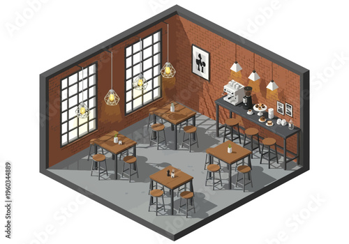 Isometric view of a modern coffee shop interior with seating and bar