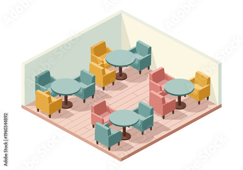 Cozy isometric view of a cafe with small round tables and colorful chairs arranged for intimate dining