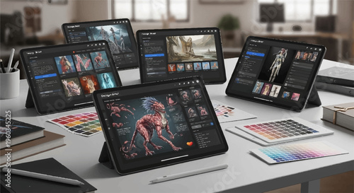 Table with multiple tablets on stands displaying various apps and media with scattered papers and magazines in a modern office setting with natural light