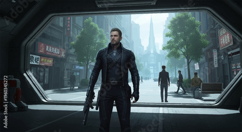 Futuristic cityscape view of a man in black leather jacket standing confidently with a gun in hand through a sleek window frame with a misty urban background and blurred