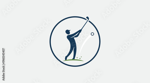 Golfer silhouette inside circle with high flying ball trail