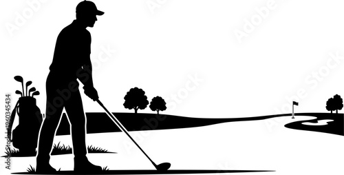 Golfer standing on fairway silhouette with bag