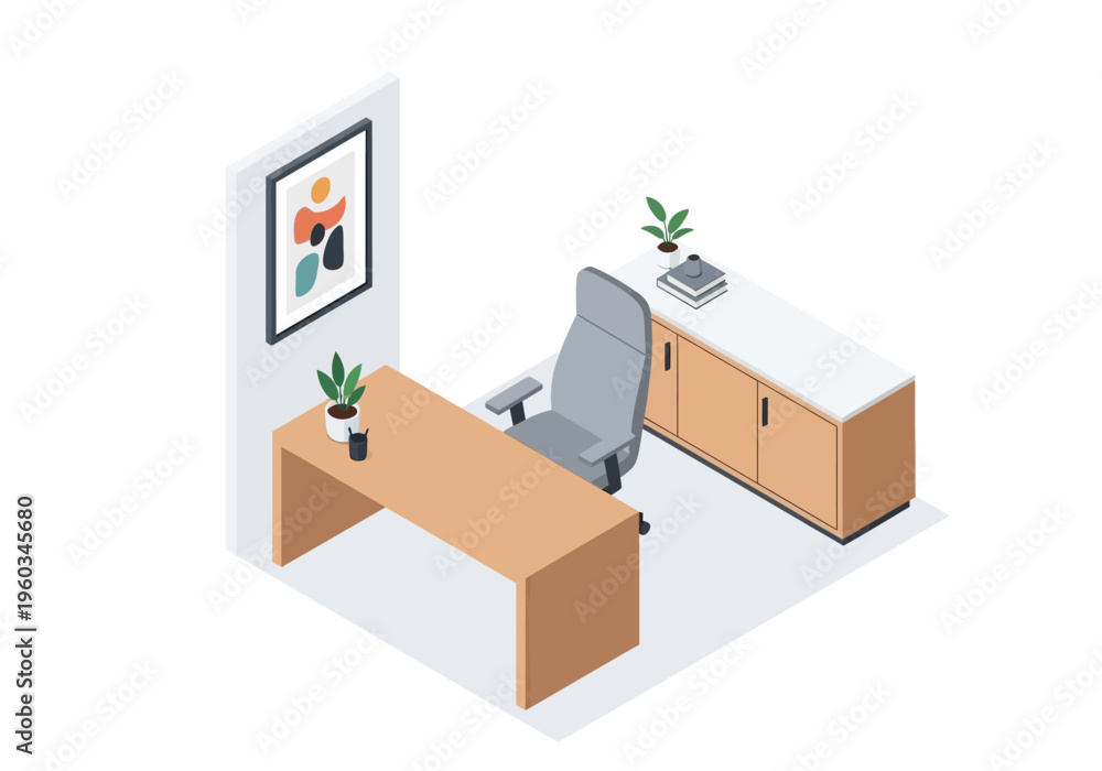 Obraz premium Modern Office Interior Design with Desk, Chair, and Storage Cabinet